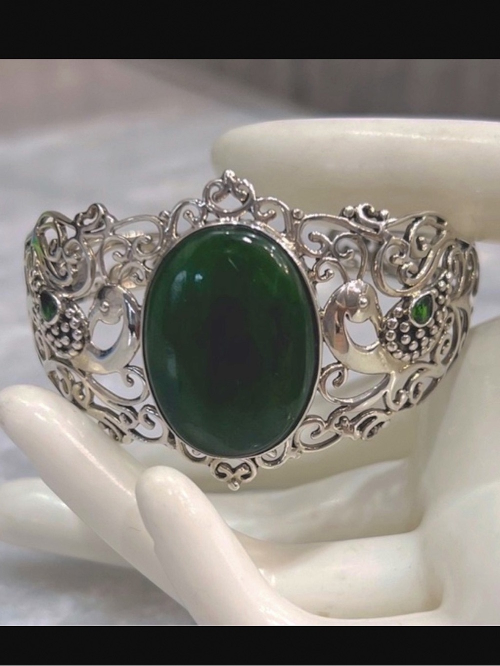 Canadian Nephrite Jade Multigemstone Openwork Peacock Sterling Silver Cu…